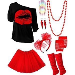 Blulu Women's 80s Costume Accessories Set, Lips Print T-Shirt Adult Tutu Skirt Lace Headband Neon Earrings Necklace Leg Warmers Fishnet Gloves Bracelet (Rose Red, XXL) Blulu Women's 80s Costume Accessories Set, Lips Print T-Shirt Adult Tutu Skirt Lace Headband Neon Earrings Necklace Leg Warmers Fishnet Gloves Bracelet (Rose Red, XXL)