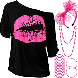 Blulu 80s Costumes for Women, Lips Print T Shirt Lace Headband Earrings Necklace Bracelet for 80s Theme Party(Rose Red,L) Blulu 80s Costumes for Women, Lips Print T Shirt Lace Headband Earrings Necklace Bracelet for 80s Theme Party(Rose Red,L)