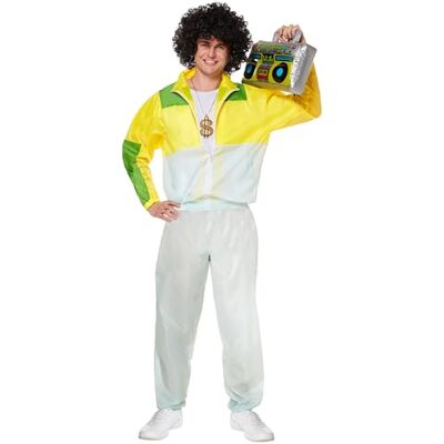 HENBRANDT Premium 80s/90s Shell Suit Adult Fancy Dress Costume Retro Colour Block Tracksuit Yellow Green White Party Outfit One Size Nostalgic Fancy Dress HENBRANDT Premium 80s/90s Shell Suit Adult Fancy Dress Costume Retro Colour Block Tracksuit Yellow Green White Party Outfit One Size Nostalgic Fancy Dress