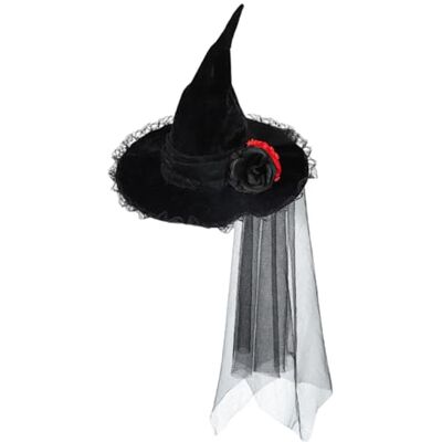 Lcarege Witch Hat, Velvet & Lace Veil, Black, Halloween Cosplay Prop Lcarege Witch Hat, Velvet & Lace Veil, Black, Halloween Cosplay Prop