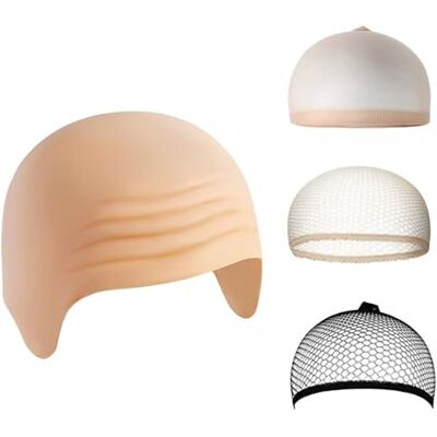 QilaoBanboss 4PCS Latex Bald Cap for Adults, Wig Cap with Stretch Mesh & Net Covers, Cosplay Accessory for Costume Party, Halloween Makeup, Fancy Dress QilaoBanboss 4PCS Latex Bald Cap for Adults, Wig Cap with Stretch Mesh & Net Covers, Cosplay Accessory for Costume Party, Halloween Makeup, Fancy Dress