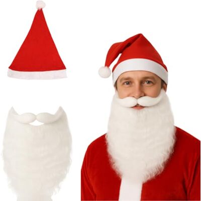 TC Toys Adult Santa Set Plush Red Santa Hat with White Bobble & Full White Santa Beard Christmas Fancy Dress Accessory Kit for Men & Women TC Toys Adult Santa Set Plush Red Santa Hat with White Bobble & Full White Santa Beard Christmas Fancy Dress Accessory Kit for Men & Women