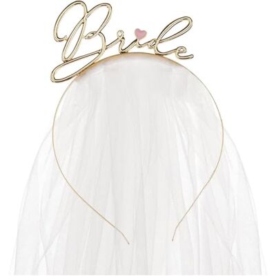 PartyDeco Gold Bride Metal Headband with Veil, Hen Party Crown, Bachelorette Gold Tiara, Bridal Shower Party Accessory, Zoom Gift PartyDeco Gold Bride Metal Headband with Veil, Hen Party Crown, Bachelorette Gold Tiara, Bridal Shower Party Accessory, Zoom Gift