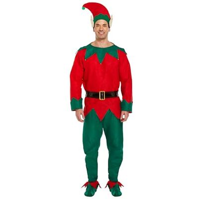 HENBRANDT Christmas Elf Adult Fancy Dress Costume Festive Green Red Full Set with Hat, Belt & Shoes One Size Unisex Party Outfit for Xmas Celebrations HENBRANDT Christmas Elf Adult Fancy Dress Costume Festive Green Red Full Set with Hat, Belt & Shoes One Size Unisex Party Outfit for Xmas Celebrations