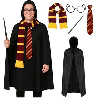 REDSTAR 5pc Adult Wizard Costume Cape, Wand & Glasses Halloween Costume for Men Black Hooded Cape, Scarf, Wand, Tie & Glasses, Ideal for Halloween or World Book Day REDSTAR 5pc Adult Wizard Costume Cape, Wand & Glasses Halloween Costume for Men Black Hooded Cape, Scarf, Wand, Tie & Glasses, Ideal for Halloween or World Book Day