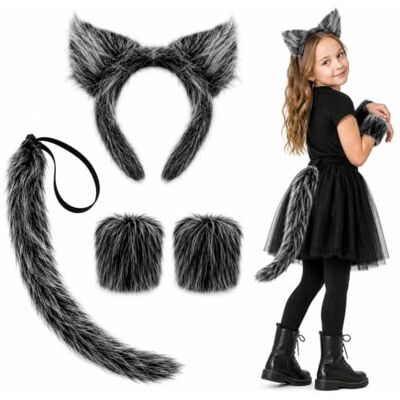 Haonyue Halloween Wolf Ears Costume Set, 4 Pcs Halloween Werewolf Costume Decor Halloween Wolf Costume Set Cute Grey Wolf Ears Tail and Gloves, Wolf Costume Accessories for Halloween Party Cosplay Haonyue Halloween Wolf Ears Costume Set, 4 Pcs Halloween Werewolf Costume Decor Halloween Wolf Costume Set Cute Grey Wolf Ears Tail and Gloves, Wolf Costume Accessories for Halloween Party Cosplay
