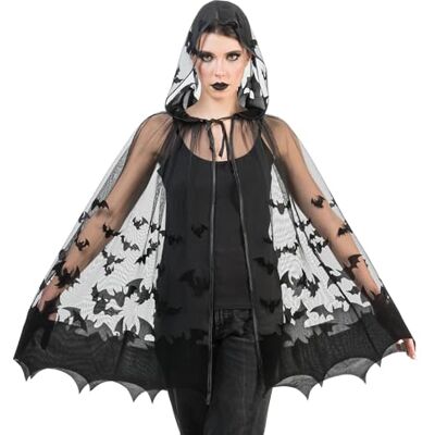 Chaks Bat Costume Cape, Cape with Hood, Black Vampire Accessories for Women, Halloween and Carnival Chaks Bat Costume Cape, Cape with Hood, Black Vampire Accessories for Women, Halloween and Carnival