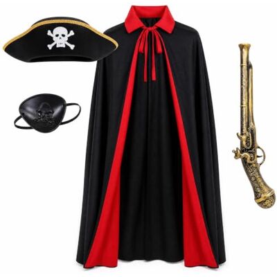 Rovin Halloween Reversible Black Red Cape with Pirate Hat & Eye Patch, Gothic Cosplay Costume Cape Rovin Halloween Reversible Black Red Cape with Pirate Hat & Eye Patch, Gothic Cosplay Costume Cape