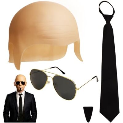 Poraice Mr Worldwide Costume Accessory Set of 4, Fancy Dress Kit with Bald Cap, Sunglasses, Spiv Moustache and Black Tie, Adult Party Outfit for Halloween, Music Festival, Stag Do and Theme Parties Poraice Mr Worldwide Costume Accessory Set of 4, Fancy Dress Kit with Bald Cap, Sunglasses, Spiv Moustache and Black Tie, Adult Party Outfit for Halloween, Music Festival, Stag Do and Theme Parties
