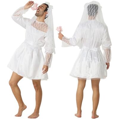 XUZIE Funny Wedding Dress Men Bride Costume, Graveyard Bridal Cosplay, Deluxe Lace Mens Wedding Dress with Gloves, Stag Do Fancy Dress Night Party Outfit, Halloween Costume Change Party, One Size White XUZIE Funny Wedding Dress Men Bride Costume, Graveyard Bridal Cosplay, Deluxe Lace Mens Wedding Dress with Gloves, Stag Do Fancy Dress Night Party Outfit, Halloween Costume Change Party, One Size White