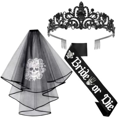 HPMAISON 3 PCS Bride or Die Bachelorette Party Decorations Black Tiara Black Skull Lace Veil Bride or Die Sash Set Ghost Crown Bridal Shower Hen Party Wedding Halloween Women Costume HPMAISON 3 PCS Bride or Die Bachelorette Party Decorations Black Tiara Black Skull Lace Veil Bride or Die Sash Set Ghost Crown Bridal Shower Hen Party Wedding Halloween Women Costume