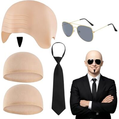 BDGYCK 5 Pieces Bald Cap Set for Adult, Thick Latex Bald Cover with Sunglasses Hair Net Tie Mustache, Costume Accessories Set for Fancy Dress Cosplay Party BDGYCK 5 Pieces Bald Cap Set for Adult, Thick Latex Bald Cover with Sunglasses Hair Net Tie Mustache, Costume Accessories Set for Fancy Dress Cosplay Party