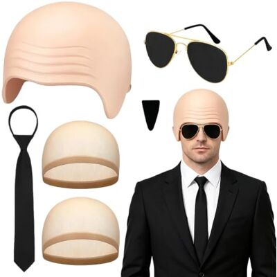 HIULLEN 6 Pcs Bald Cap Set For Adult, Bald Cap Adult Set Bald Caps Costume Set with Sunglasses, Black Tie, Fake Beard and Hair Nets for Halloween, Stag Do and Cosplay HIULLEN 6 Pcs Bald Cap Set For Adult, Bald Cap Adult Set Bald Caps Costume Set with Sunglasses, Black Tie, Fake Beard and Hair Nets for Halloween, Stag Do and Cosplay