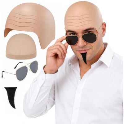 Aonuy Bald Cap Costume Set,4-Piece Costume Kit with Sunglasses Wig Cap Mustache, Pitbull Mr Worldwide Halloween Cosplay Music Festival Fancy Dress Party for Adults, Latex Head Cover Aonuy Bald Cap Costume Set,4-Piece Costume Kit with Sunglasses Wig Cap Mustache, Pitbull Mr Worldwide Halloween Cosplay Music Festival Fancy Dress Party for Adults, Latex Head Cover