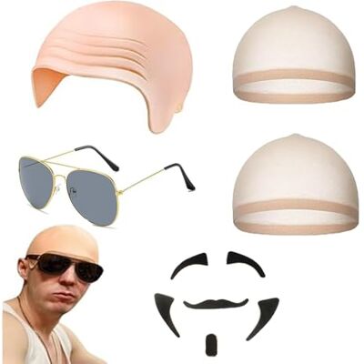S.F.Pachira 5 Pcs Bald Caps for Adults, Bald Head Wig Cap Costume Set, Mr Worldwide Accessory with Latex Bald Cap,Sunglasses, Black Soul Patch, Hair Nets for Theater, Famous Rapper Fancy Dress, Cosplay, Halloween S.F.Pachira 5 Pcs Bald Caps for Adults, Bald Head Wig Cap Costume Set, Mr Worldwide Accessory with Latex Bald Cap,Sunglasses, Black Soul Patch, Hair Nets for Theater, Famous Rapper Fancy Dress, Cosplay, Halloween