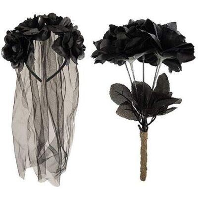 jokeshop Zombie Corpse Bride Set (Veil Headband & Black Dead Roses) Halloween Fancy Dress Accessories jokeshop Zombie Corpse Bride Set (Veil Headband & Black Dead Roses) Halloween Fancy Dress Accessories