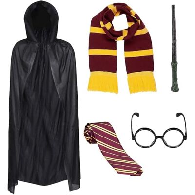 REDSTAR 5pc Kids Wizard Costume Cape, Scarf, Wand, Tie, Glasses, Fancy Dress Wizard Accessories, Hooded Cape, Gold and Maroon Scarf, Magic Wand, Tie and Glasses, Kids Halloween or World Book Day Costume REDSTAR 5pc Kids Wizard Costume Cape, Scarf, Wand, Tie, Glasses, Fancy Dress Wizard Accessories, Hooded Cape, Gold and Maroon Scarf, Magic Wand, Tie and Glasses, Kids Halloween or World Book Day Costume