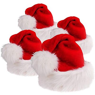 DERAYEE 4 Pack Santa Hat Unisex Velvet Fabric Christmas Hat for Adults Teens(Red&White) DERAYEE 4 Pack Santa Hat Unisex Velvet Fabric Christmas Hat for Adults Teens(Red&White)