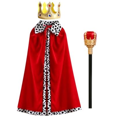 TENGMEIHUIO 3pcs King and Queen Makeup Set Cloth Crown Gold 90cm Red Cape Cloak Scepter Gold Red for World Book Day Halloween Costumes Masquerade Role Play Theme Party (A) TENGMEIHUIO 3pcs King and Queen Makeup Set Cloth Crown Gold 90cm Red Cape Cloak Scepter Gold Red for World Book Day Halloween Costumes Masquerade Role Play Theme Party (A)