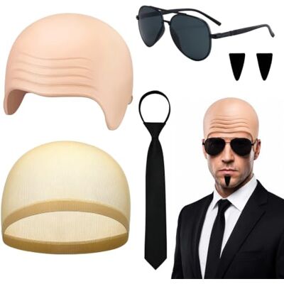 Guttiuaa Bald Cap Costume Set, Latex Bald Cap for Adults Fancy dress costume accessory set with mustache bow tie sunglasses tie and hairnet Guttiuaa Bald Cap Costume Set, Latex Bald Cap for Adults Fancy dress costume accessory set with mustache bow tie sunglasses tie and hairnet
