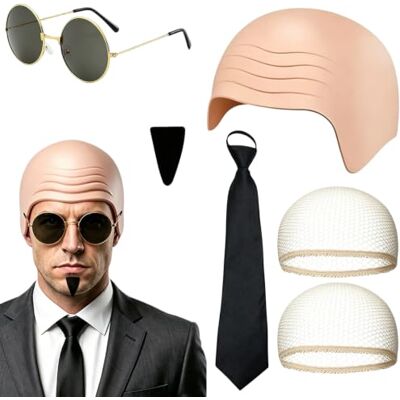 Guttiuaa Bald Cap and Tie, Costume Halloween Man Hair Nets Sunglass Beard Skin Thick Latex Bald Cover, Moustache, Complete Kit for Makeup Party Dress Up, Music Events Black Guttiuaa Bald Cap and Tie, Costume Halloween Man Hair Nets Sunglass Beard Skin Thick Latex Bald Cover, Moustache, Complete Kit for Makeup Party Dress Up, Music Events Black