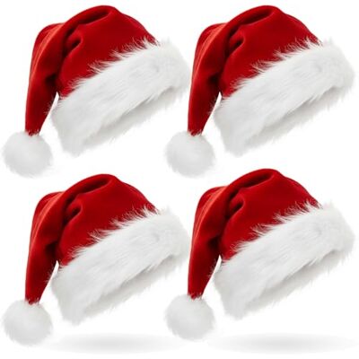 AOGU 4 Pack Plush Santa Hat Confortable Velvet Red Christmas Hat for Christmas Party Favors Fit for Adults and Kids AOGU 4 Pack Plush Santa Hat Confortable Velvet Red Christmas Hat for Christmas Party Favors Fit for Adults and Kids