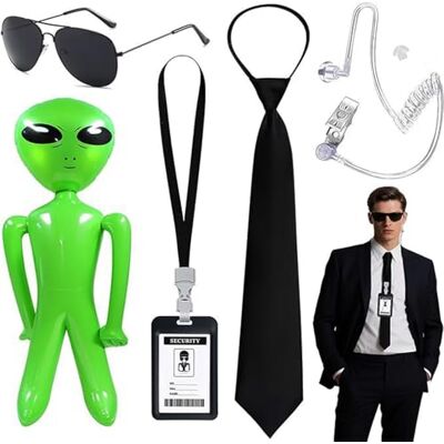 LINDADECOR Men in Black Costume Accessory Set, MIB Fancy Dress Kit with Sunglasses, Necktie, Security ID Badge Lanyard, Ear Piece & Inflatable Alien for Halloween Cosplay Party LINDADECOR Men in Black Costume Accessory Set, MIB Fancy Dress Kit with Sunglasses, Necktie, Security ID Badge Lanyard, Ear Piece & Inflatable Alien for Halloween Cosplay Party