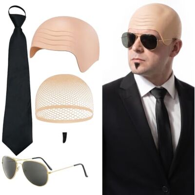 Guttiuaa 5 Pcs Bald Cap Set, Costume with Bold Caps Sunglasses Beard Tie Wig Cap for Rapper Cosplay Halloween Fancy Dress Guttiuaa 5 Pcs Bald Cap Set, Costume with Bold Caps Sunglasses Beard Tie Wig Cap for Rapper Cosplay Halloween Fancy Dress