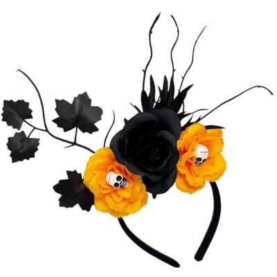 Xjdzineq Floral Headband with Fabric Roses, C Black Foliage, Skull for Halloween Costume Cosplay Party Styling Xjdzineq Floral Headband with Fabric Roses, C Black Foliage, Skull for Halloween Costume Cosplay Party Styling