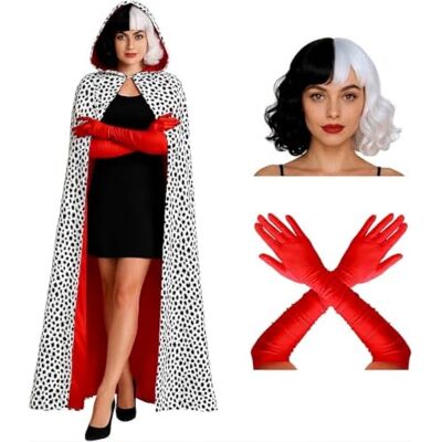REDSTAR 4pc Adult Dalmatian Costume Cape, Wig, Gloves and Extended Holder Prop Dalmatian Cape, Black and White Wig, Long Red Gloves, Costume Prop Holder, Womens Fancy Dress Villain Costume REDSTAR 4pc Adult Dalmatian Costume Cape, Wig, Gloves and Extended Holder Prop Dalmatian Cape, Black and White Wig, Long Red Gloves, Costume Prop Holder, Womens Fancy Dress Villain Costume