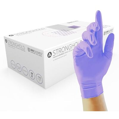 UNIGLOVES Advanced Stronghold+ GM0073 Nitrile Examination Multipurpose, Powder Free, Latex Free Disposable Gloves, Box of 100 Gloves, Purple, Medium UNIGLOVES Advanced Stronghold+ GM0073 Nitrile Examination Multipurpose, Powder Free, Latex Free Disposable Gloves, Box of 100 Gloves, Purple, Medium