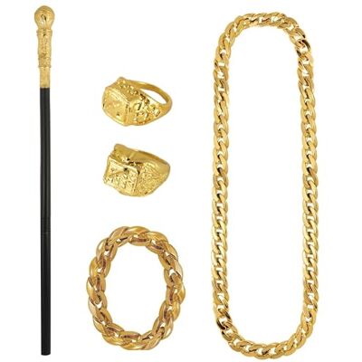 Lizzy Gangster Costume Accessory Set Gold Chain Necklace Bracelet Rings & Top Stick 80s 90s Fancy Dress Outfit for Adults Disco Party Lizzy Gangster Costume Accessory Set Gold Chain Necklace Bracelet Rings & Top Stick 80s 90s Fancy Dress Outfit for Adults Disco Party