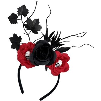 WRWIZDR Floral Headband with Fabric Roses, A Black Foliage, Skull for Halloween Costume Cosplay Party Styling WRWIZDR Floral Headband with Fabric Roses, A Black Foliage, Skull for Halloween Costume Cosplay Party Styling
