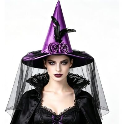 VorPrillynt Halloween Witch Hat, Vintage Lace Veils Printed Hats, Witch Hat Costume Accessories, Fancy Dress Costume Party VorPrillynt Halloween Witch Hat, Vintage Lace Veils Printed Hats, Witch Hat Costume Accessories, Fancy Dress Costume Party