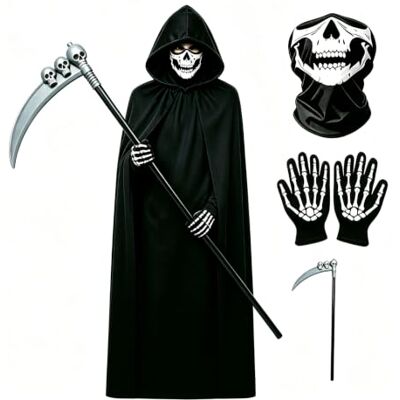 LOZOVELIA Kids Grim Reaper Halloween Costume Cape Mask Gloves Scythe Kids Grim Reaper Halloween Costume with 90cm Cape, Mask, Gloves & Scythe Dress-Up & Party Outfit for Children LOZOVELIA Kids Grim Reaper Halloween Costume Cape Mask Gloves Scythe Kids Grim Reaper Halloween Costume with 90cm Cape, Mask, Gloves & Scythe Dress-Up & Party Outfit for Children