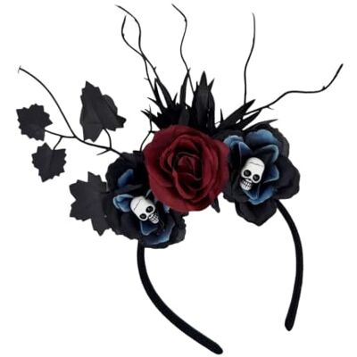 WRWIZDR Floral Headband with Fabric Roses, B Black Foliage, Skull for Halloween Costume Cosplay Party Styling WRWIZDR Floral Headband with Fabric Roses, B Black Foliage, Skull for Halloween Costume Cosplay Party Styling