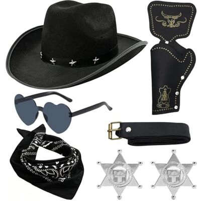 CYGMRFH Cowboy Costume Accessory Set with BrownCowboy Hat, Bandana, Heart Sunglasses, Holster & Belt,Western Fancy Dress Kit for Adults Kids HalloweenCosplay (Black) CYGMRFH Cowboy Costume Accessory Set with BrownCowboy Hat, Bandana, Heart Sunglasses, Holster & Belt,Western Fancy Dress Kit for Adults Kids HalloweenCosplay (Black)