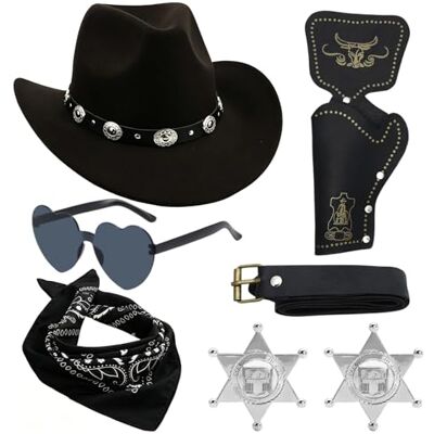 CYGMRFH Cowboy Costume Accessory Set with BrownCowboy Hat, Bandana, Heart Sunglasses, Holster & Belt,Western Fancy Dress Kit for Adults Kids HalloweenCosplay (Black metal buckle) CYGMRFH Cowboy Costume Accessory Set with BrownCowboy Hat, Bandana, Heart Sunglasses, Holster & Belt,Western Fancy Dress Kit for Adults Kids HalloweenCosplay (Black metal buckle)