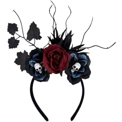 Xjdzineq Floral Headband with Fabric Roses, B Black Foliage, Skull for Halloween Costume Cosplay Party Styling Xjdzineq Floral Headband with Fabric Roses, B Black Foliage, Skull for Halloween Costume Cosplay Party Styling