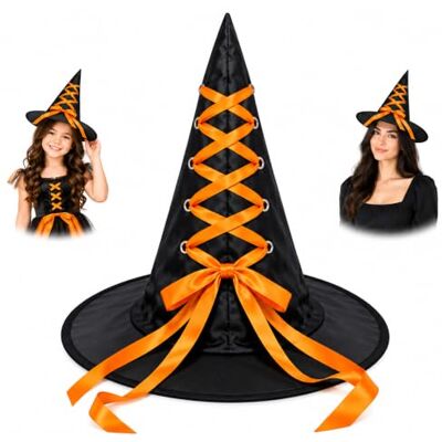 HOVUK Black Halloween Witch Hat 40cm Oxford Cloth Wizard Hat with Ribbon, Witches Hat with Wide Brims, Gothic Party Hats for Halloween Party Children Adult Costume Accessory Fancy Dress HOVUK Black Halloween Witch Hat 40cm Oxford Cloth Wizard Hat with Ribbon, Witches Hat with Wide Brims, Gothic Party Hats for Halloween Party Children Adult Costume Accessory Fancy Dress