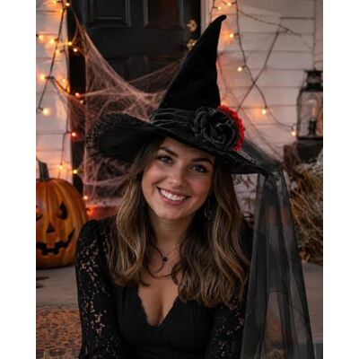 eBoutik Delux Sexy Women’s Witch Hat with Veil – Black Halloween Fancy Dress Costume Hat with Lace Trim, Black & Red Rose, Gothic Spooky Haunting Party Accessory for Adults Costumes eBoutik Delux Sexy Women’s Witch Hat with Veil – Black Halloween Fancy Dress Costume Hat with Lace Trim, Black & Red Rose, Gothic Spooky Haunting Party Accessory for Adults Costumes