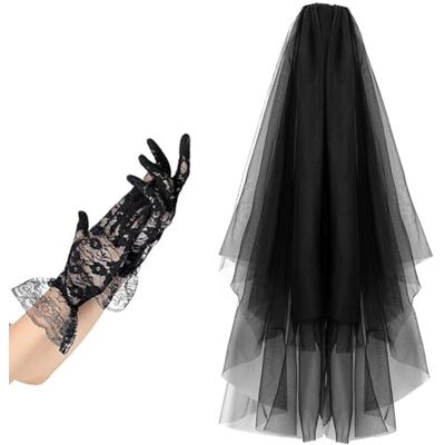 Bottone Enchanting Black Tulle Veil and Lace Gloves Set Headwear Costume Headpiece for Halloween Masquerades and Role Playing Cosplay Lace Gloves Bottone Enchanting Black Tulle Veil and Lace Gloves Set Headwear Costume Headpiece for Halloween Masquerades and Role Playing Cosplay Lace Gloves