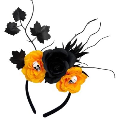 WRWIZDR Floral Headband with Fabric Roses, C Black Foliage, Skull for Halloween Costume Cosplay Party Styling WRWIZDR Floral Headband with Fabric Roses, C Black Foliage, Skull for Halloween Costume Cosplay Party Styling