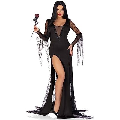 Leg Avenue Spooky Beauty, Features Backless deep-v Dress with Sequin Trim and Ruched Back, Spiderweb Gauntlet Sleeves, and high Slit Tentacle Skirt Black Leg Avenue Spooky Beauty, Features Backless deep-v Dress with Sequin Trim and Ruched Back, Spiderweb Gauntlet Sleeves, and high Slit Tentacle Skirt Black