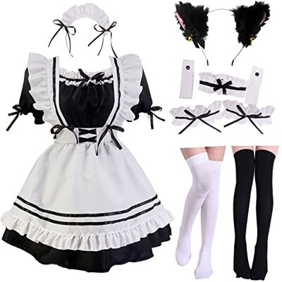 JFFLYIT Japanese Anime Cosplay Maid Outfit Dress Japanese Maid Outfit Set Cute Halloween Makeup Cosplay Costume JFFLYIT Japanese Anime Cosplay Maid Outfit Dress Japanese Maid Outfit Set Cute Halloween Makeup Cosplay Costume