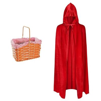 VIROSA Red Riding Hood Costume Accessory Set – Hooded Red Velour Cape & Gingham Picnic Basket Book Week, World Book Day Fancy Dress Outfit, Fairytale Character Prop VIROSA Red Riding Hood Costume Accessory Set – Hooded Red Velour Cape & Gingham Picnic Basket Book Week, World Book Day Fancy Dress Outfit, Fairytale Character Prop