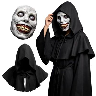 HAJXXMM Smiling Demon Scary Mask, Short Hooded Cape, Grim Cape Vampire Costume Cape with Ghost Festival Horror Mask, Medieval Cowl Hat, Adult Vintage Wizard Vampire for Halloween Party Cosplay Carnival HAJXXMM Smiling Demon Scary Mask, Short Hooded Cape, Grim Cape Vampire Costume Cape with Ghost Festival Horror Mask, Medieval Cowl Hat, Adult Vintage Wizard Vampire for Halloween Party Cosplay Carnival
