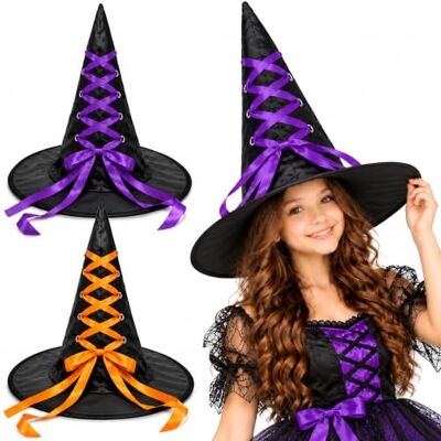 HOVUK Black Halloween Witch Hat 40cm Oxford Cloth Wizard Hat with Ribbon, Witches Hat with Wide Brims, Gothic Party Hats for Halloween Party Children Adult Costume Accessory Fancy Dress HOVUK Black Halloween Witch Hat 40cm Oxford Cloth Wizard Hat with Ribbon, Witches Hat with Wide Brims, Gothic Party Hats for Halloween Party Children Adult Costume Accessory Fancy Dress