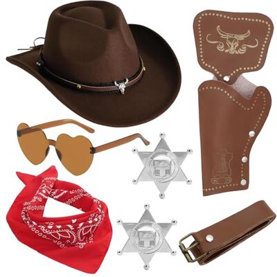CYGMRFH Brown Cowboy Costume Accessory Set Western Cowboy Hat with Metal Studs, Holster Belt, Red Bandana & Heart Sunglasses, Complete Fancy Dress Kit for Halloween Cosplay CYGMRFH Brown Cowboy Costume Accessory Set Western Cowboy Hat with Metal Studs, Holster Belt, Red Bandana & Heart Sunglasses, Complete Fancy Dress Kit for Halloween Cosplay