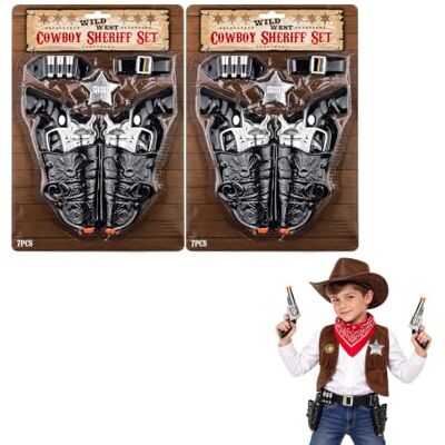Lizzy 2 Pack Cowboy Sheriff Costume Accessory Set – 7 Piece Wild West Fancy Dress Kit with 2 Silver Toy Pistols, Holsters, Sheriff Badge, Belt & Bullets for Western, Halloween & Themed Parties Lizzy 2 Pack Cowboy Sheriff Costume Accessory Set – 7 Piece Wild West Fancy Dress Kit with 2 Silver Toy Pistols, Holsters, Sheriff Badge, Belt & Bullets for Western, Halloween & Themed Parties